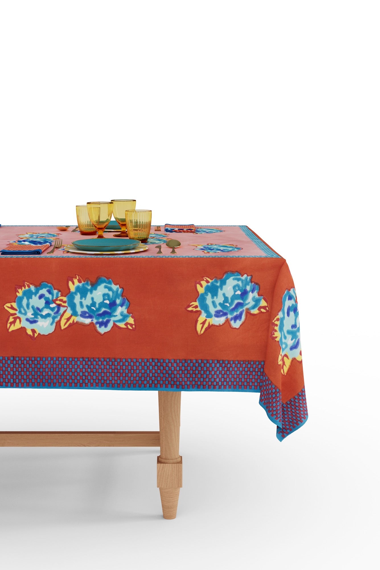 Lisa Corti Double Peonia Rust Old Pink Cotton Tablecloth