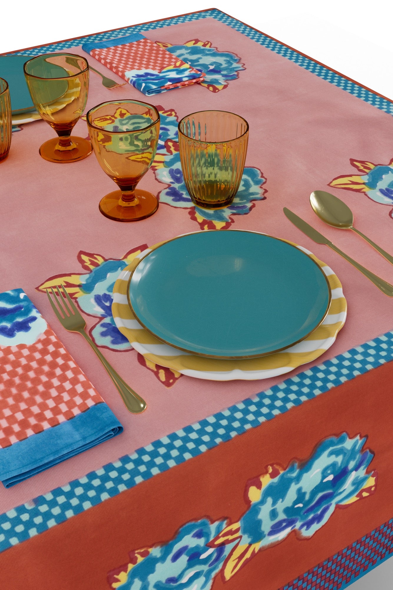 Lisa Corti Double Peonia Rust Old Pink Cotton Tablecloth