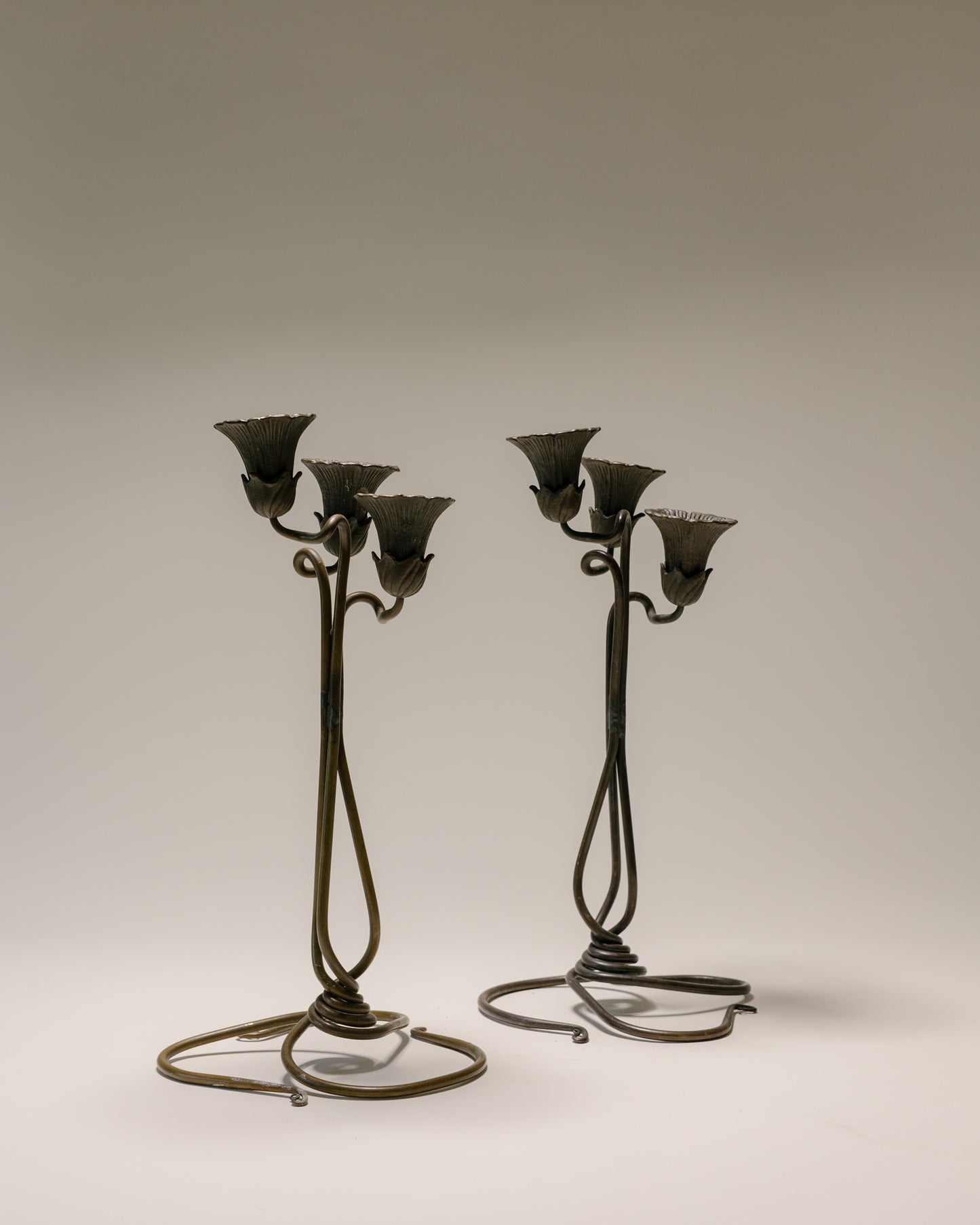 Jessie M. Preston Brass Floral Three-Light Candelabra, Pair