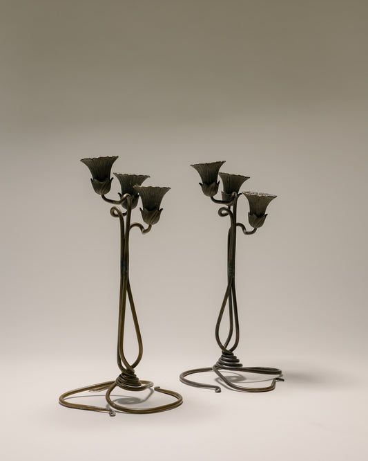 Jessie M. Preston Brass Floral Three-Light Candelabra, Pair