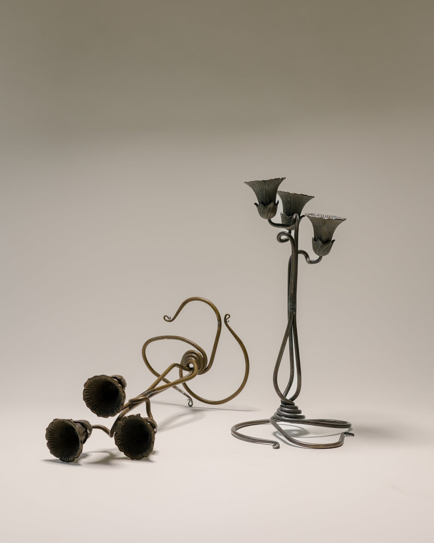 Jessie M. Preston Brass Floral Three-Light Candelabra, Pair