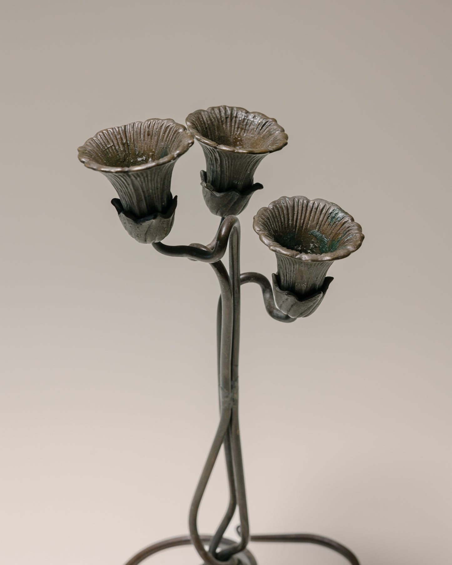 Jessie M. Preston Brass Floral Three-Light Candelabra, Pair