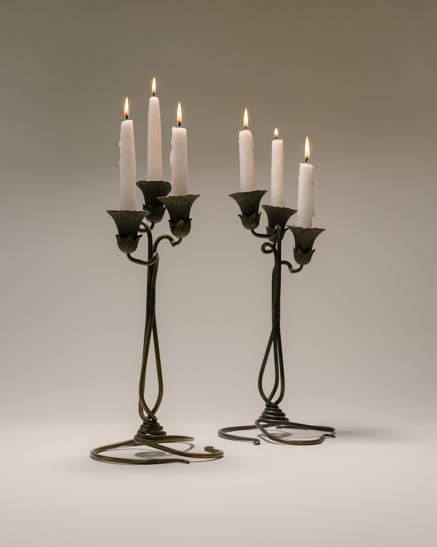 Jessie M. Preston Brass Floral Three-Light Candelabra, Pair