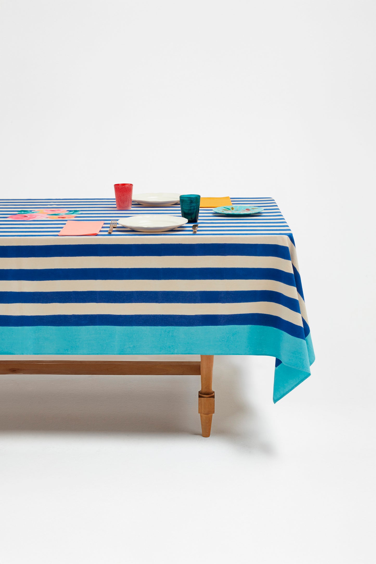 Lisa Corti Nizam Stripes Blue Natural Tablecloth